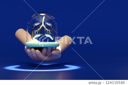 3d hand with glass dome, human realistic lung transparent isolated on blue background. world pneumonia day, check lung health, organs concept, 3d illustration render 3d hand with glass dome, human realistic lung transparent isolated on blue background. world pneumonia day, check lung health, organs concept, 3d illustration render 124110580