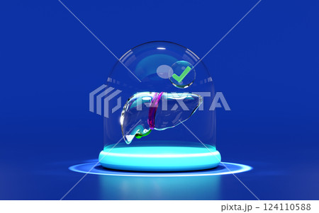 3d glass dome with realistic human liver, check mark isolated on blue background. check liver health, health love, world hepatitis day concept, 3d illustration render 124110588