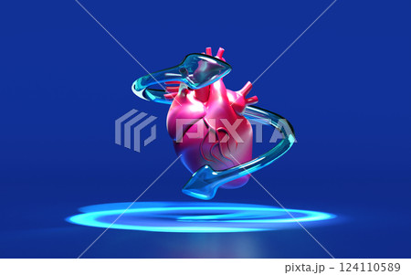 3d realistic human heart with arrow transparent isolated on blue background. check heart health, health love, world heart day concept, 3d illustration render 124110589