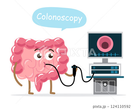 Colonoscopy . Intestine cartoon character and endoscopy machine . White isolated background . Vector . Colonoscopy . Intestine cartoon character and endoscopy machine . White isolated background . Vector . 124110592