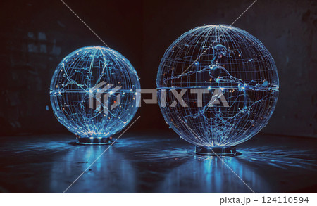 Two blue globes with a wire frame and lights inside. The globes are lit up and appear to be glowing Two blue globes with a wire frame and lights inside. The globes are lit up and appear to be glowing 124110594