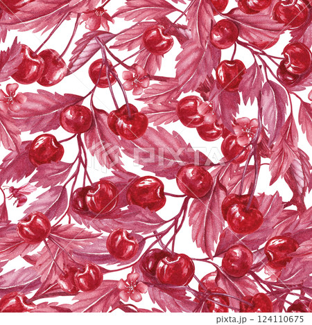 Seamless pattern cherry on the branch with leafs. Cherry blossoms. Monochrome watercolor illustration isolated from the background. Ripe red berries for textile, packaging product line, phone cover Seamless pattern cherry on the branch with leafs. Cherry blossoms. Monochrome watercolor illustration isolated from the background. Ripe red berries for textile, packaging product line, phone cover 124110675