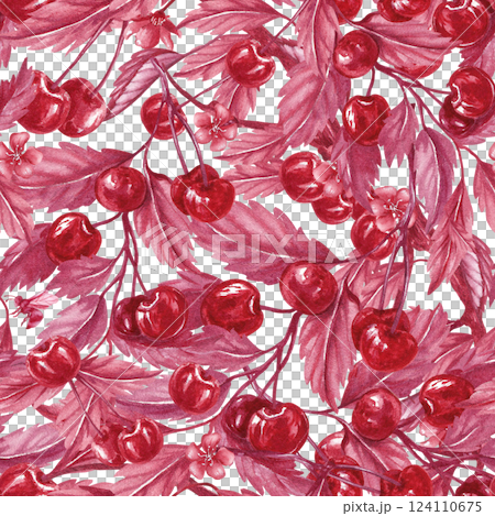 Seamless pattern cherry on the branch with leafs. Cherry blossoms. Monochrome watercolor illustration isolated from the background. Ripe red berries for textile, packaging product line, phone cover Seamless pattern cherry on the branch with leafs. Cherry blossoms. Monochrome watercolor illustration isolated from the background. Ripe red berries for textile, packaging product line, phone cover 124110675