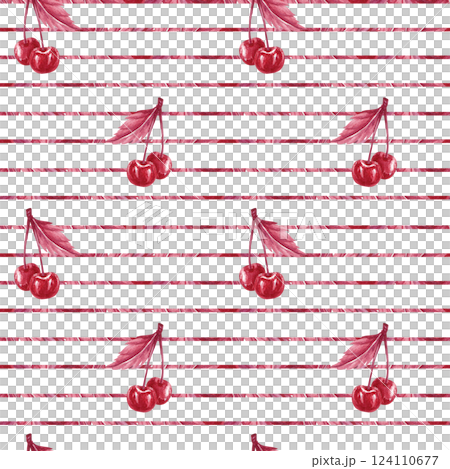 Seamless pattern cherries on abstract red lines. Cherry branch. Monochrome watercolor illustration isolated from the background. Red berries for textile, packaging product line, scrapbook, stationary Seamless pattern cherries on abstract red lines. Cherry branch. Monochrome watercolor illustration isolated from the background. Red berries for textile, packaging product line, scrapbook, stationary 124110677