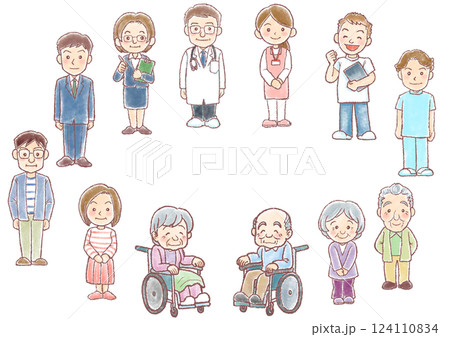 介護のイラスト_介護関係者_円陣並び12人_横長 介護のイラスト_介護関係者_円陣並び12人_横長 124110834