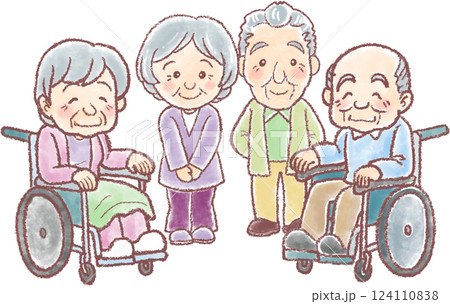 介護のイラスト_高齢男女4人_高齢夫婦＿車椅子に乗った高齢男女 124110838