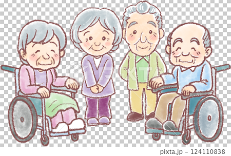 Illustration of nursing care _ 4 elderly men and women _ Elderly couple _ Elderly men and women in wheelchairs 124110838