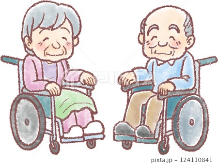 介護のイラスト_車椅子に乗った高齢男女 介護のイラスト_車椅子に乗った高齢男女 124110841
