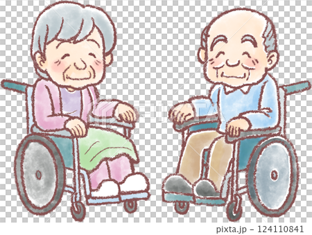 Nursing care illustration_Elderly men and women in wheelchairs 124110841