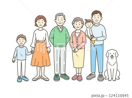 三世代の家族とペットが集合した全身イラスト 三世代の家族とペットが集合した全身イラスト 124110845
