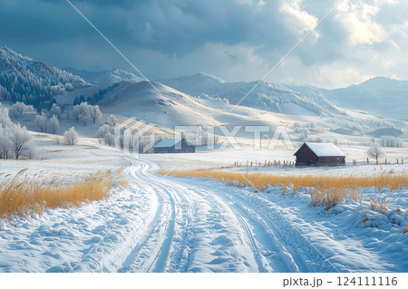 冬の雪景色と山間の小屋 124111116