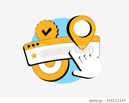 Trending search in browser address bar with SEO vector icon, search bar, location pin and verified badge. Symbolizing local search, online ranking and business visibility. Vector illustration 124111147