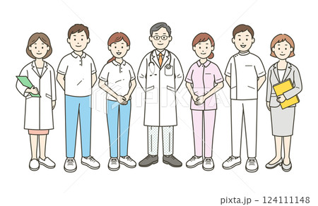 地域の社会福祉を支える医師と看護師と介護士とケアマネージャーが集合した全身イラスト 124111148