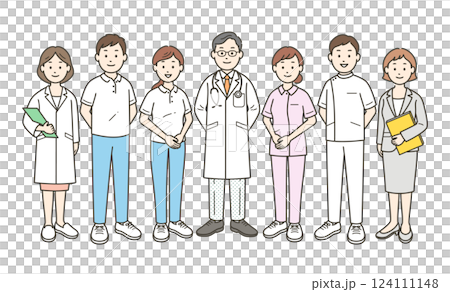 A full-body illustration of doctors, nurses, caregivers, and care managers who support local social welfare 124111148