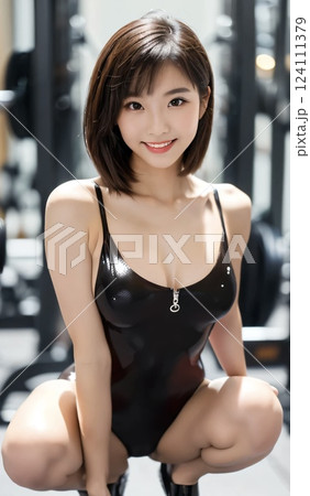 レオタード姿のスリムな女性（フィットネスジムで） 124111379