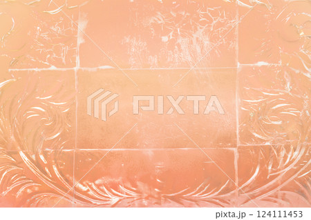 The orange ice background is real. Ice cube wall background for postcards for new year, winter holidays and Christmas 124111453