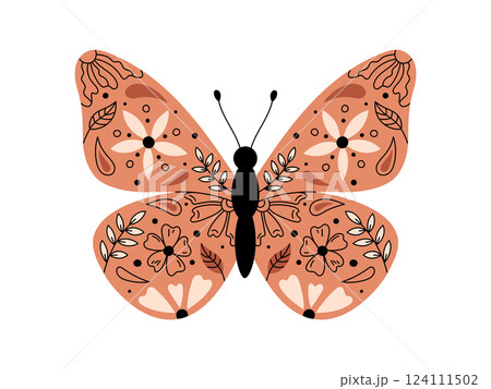 Butterfly with floral ornament isolated vector illustration. Whimsical insect. Colorful butterfly with abstract botanical decor on wings. Boho style hand drawn doodle elements flowers, leaves Butterfly with floral ornament isolated vector illustration. Whimsical insect. Colorful butterfly with abstract botanical decor on wings. Boho style hand drawn doodle elements flowers, leaves 124111502