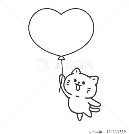 風船を持って飛んでいる猫 線画 風船を持って飛んでいる猫 線画 124111739