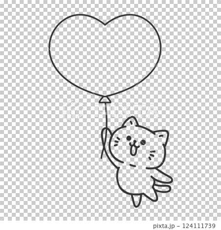Cat flying with a balloon - line drawing 124111739