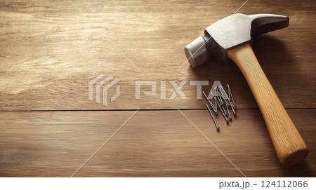 Happy Labour Day. Hammer and nails on wooden surface Happy Labour Day. Hammer and nails on wooden surface 124112066