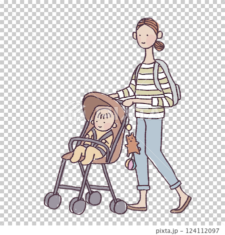 一位婦女帶著嬰兒推著嬰兒車散步的插圖 一位婦女帶著嬰兒推著嬰兒車散步的插圖 124112097
