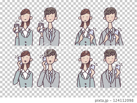 穿著西裝的男人和女人拿著智慧型手機的插圖 124112098