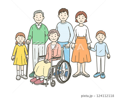 車いすのお婆さんを介助する二世代（三世代）家族が集合した全身イラスト 124112118