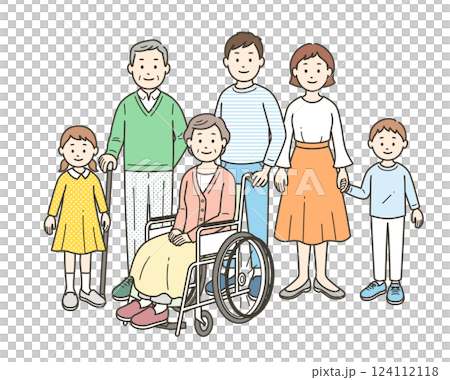 一幅全身插畫，描繪了兩代或三代家庭協助坐在輪椅上的祖母 124112118