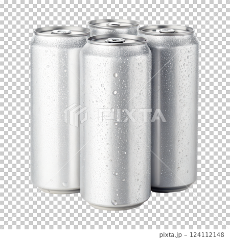 Frosty Refreshing Beverage Cans with Condensation on Metallic Surface 124112148