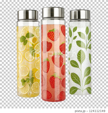 Infusion Bottles Filled with Refreshing Fruit and Herb Ingredients for Healthy and Wellness 124112149