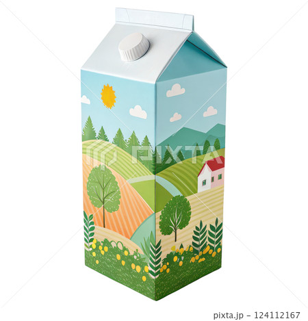 Whimsical Illustrated Countryside Landscape with House Trees and Meadow 124112167
