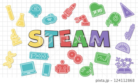 STEAM教育を表すポップで明るいタイトルデザイン 科学・技術・工学・芸術・数学の学びのシンボル STEAM教育を表すポップで明るいタイトルデザイン 科学・技術・工学・芸術・数学の学びのシンボル 124112868