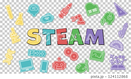 A pop and bright title design representing STEAM education, a symbol of learning science, technology, engineering, art, and mathematics 124112868