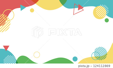 カラフルでポップなメンフィス柄の背景イラスト素材　明るくておしゃれなタイトルフレーム 124112869