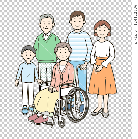 A full-body illustration of a three-generation family assisting a wheelchair-bound grandmother 124112936