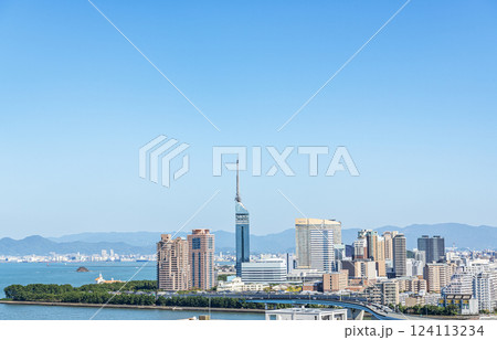 福岡県福岡市　快晴の福岡タワーと周辺の街並み 124113234