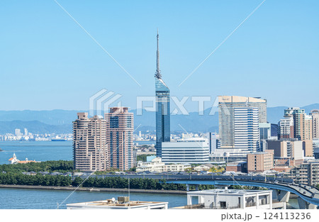 福岡県福岡市 快晴の福岡タワーと周辺の街並み 福岡県福岡市 快晴の福岡タワーと周辺の街並み 124113236