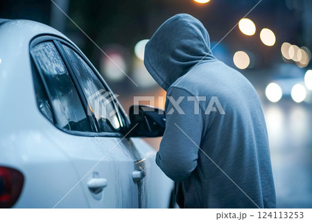 フードで顔を隠した泥棒が高級車に侵入しようとしている フードで顔を隠した泥棒が高級車に侵入しようとしている 124113253
