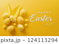 Happy easter! Colourful Easter eggs on yellow background. Decoration concept for greetings and presents on Easter Day celebrate time. 124113294