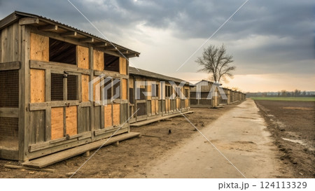 Abandoned Row of Weathered Wooden Chicken Coops in Desolate Rural Landscape 124113329