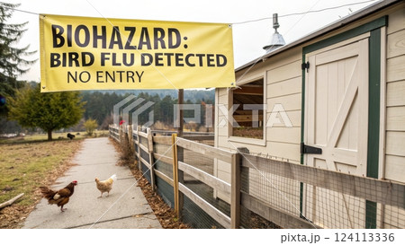Caution Banner Hanging on Chicken Coop Fence Indicating Bird Flu Outbreak 124113336
