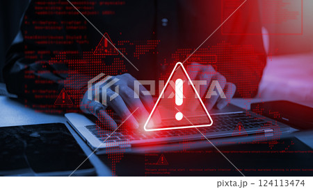 System warning: hacked alert! Cyberattack on computer network. Cybersecurity vulnerability, data breach, illegal connection, compromised information. Malicious software, virus, and cybercrime. System warning: hacked alert! Cyberattack on computer network. Cybersecurity vulnerability, data breach, illegal connection, compromised information. Malicious software, virus, and cybercrime. 124113474
