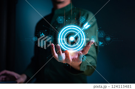 Businessman with target arrow virtual digital technology icon, business investment objectives and goals Marketing strategies and goals for success. Businessman with target arrow virtual digital technology icon, business investment objectives and goals Marketing strategies and goals for success. 124113481