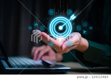 Businessman with target arrow virtual digital technology icon, business investment objectives and goals Marketing strategies and goals for success. 124113483