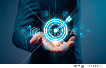 Businessman with target arrow virtual digital technology icon, business investment objectives and goals Marketing strategies and goals for success. Businessman with target arrow virtual digital technology icon, business investment objectives and goals Marketing strategies and goals for success. 124113486