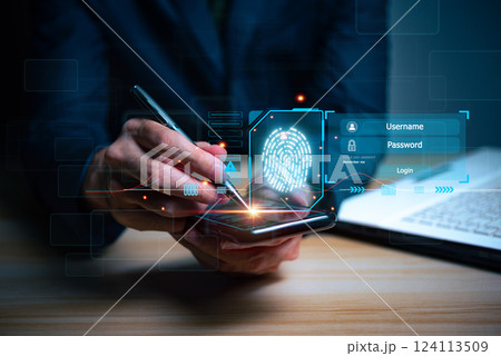 Cyber security concept Fingerprint scanning prevents access, security and identity of big data businesses. Future technology security and cybernetics in internet, banking and cloud computing. Cyber security concept Fingerprint scanning prevents access, security and identity of big data businesses. Future technology security and cybernetics in internet, banking and cloud computing. 124113509