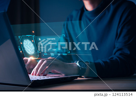 Cyber security concept Fingerprint scanning prevents access, security and identity of big data businesses. Future technology security and cybernetics in internet, banking and cloud computing. 124113514