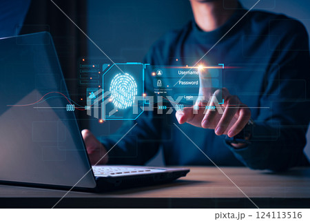 Cyber security concept Fingerprint scanning prevents access, security and identity of big data businesses. Future technology security and cybernetics in internet, banking and cloud computing. Cyber security concept Fingerprint scanning prevents access, security and identity of big data businesses. Future technology security and cybernetics in internet, banking and cloud computing. 124113516
