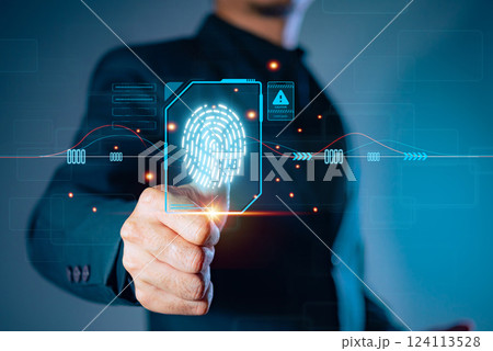 Cyber security concept Fingerprint scanning prevents access, security and identity of big data businesses. Future technology security and cybernetics in internet, banking and cloud computing. Cyber security concept Fingerprint scanning prevents access, security and identity of big data businesses. Future technology security and cybernetics in internet, banking and cloud computing. 124113528