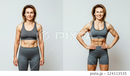 Fit and strong mature caucasian female showcasing athletic physique and confidence Fit and strong mature caucasian female showcasing athletic physique and confidence 124113535